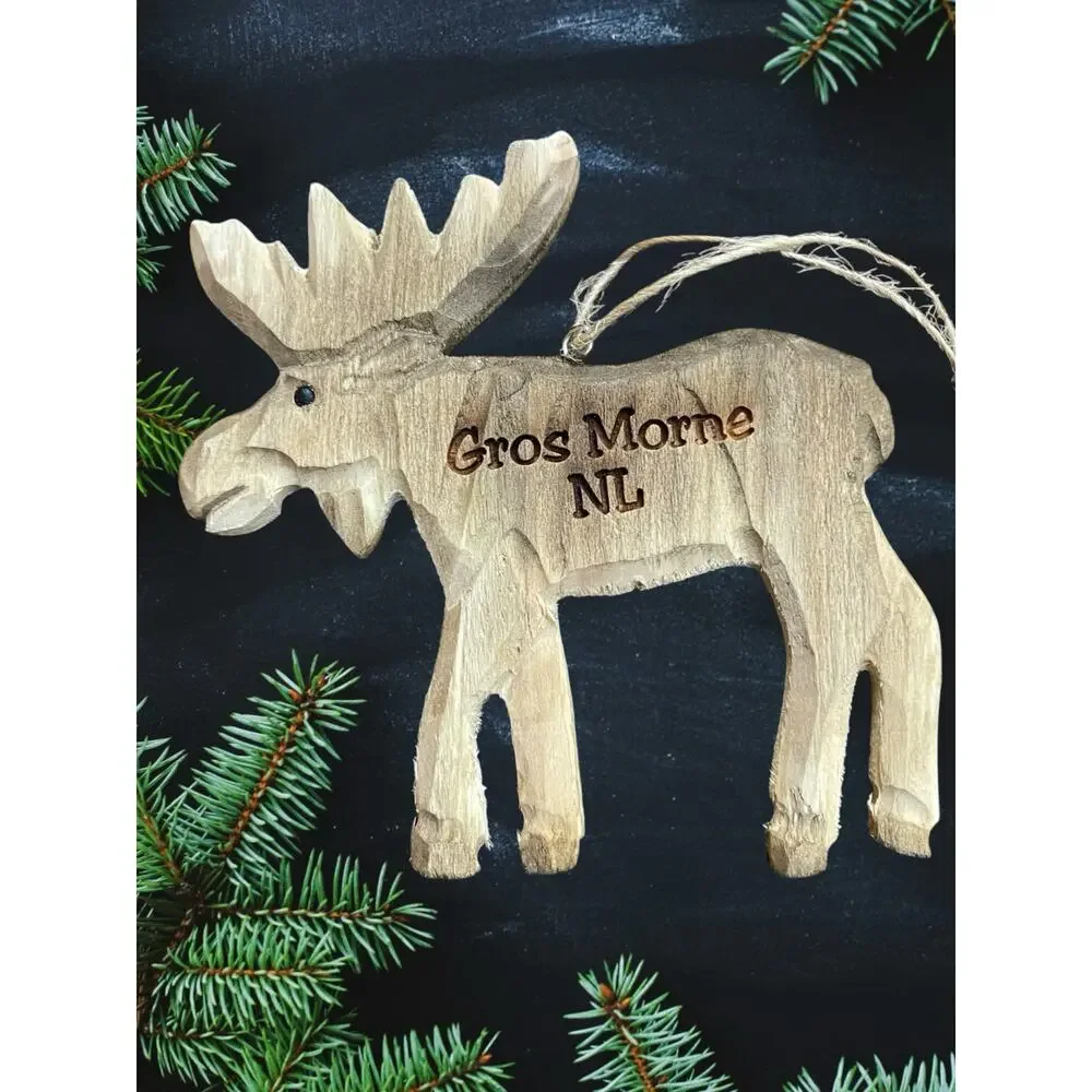 Gros Morne Newfoundland Canada Carved Wood Moose Christmas Holiday Ornament